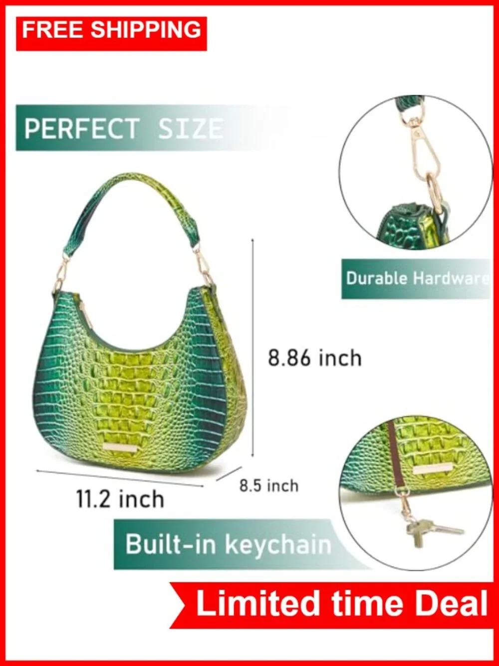 Crocodile Hobo Bag Women Vintage Crescent Shoulder Purse Vegan Leather Chic
